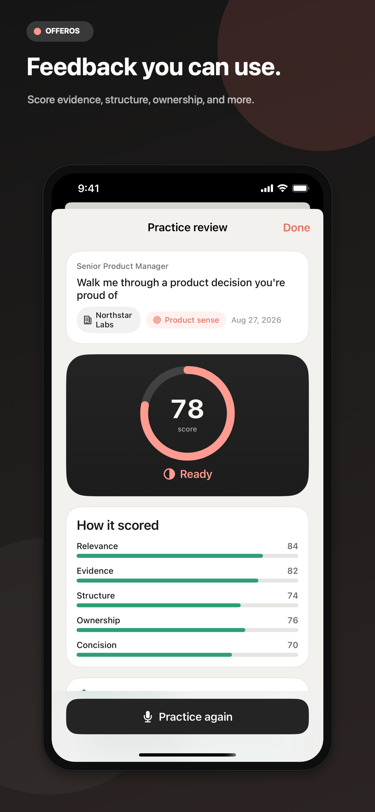 OfferOS practice review with scores for relevance, evidence, structure, ownership, and concision